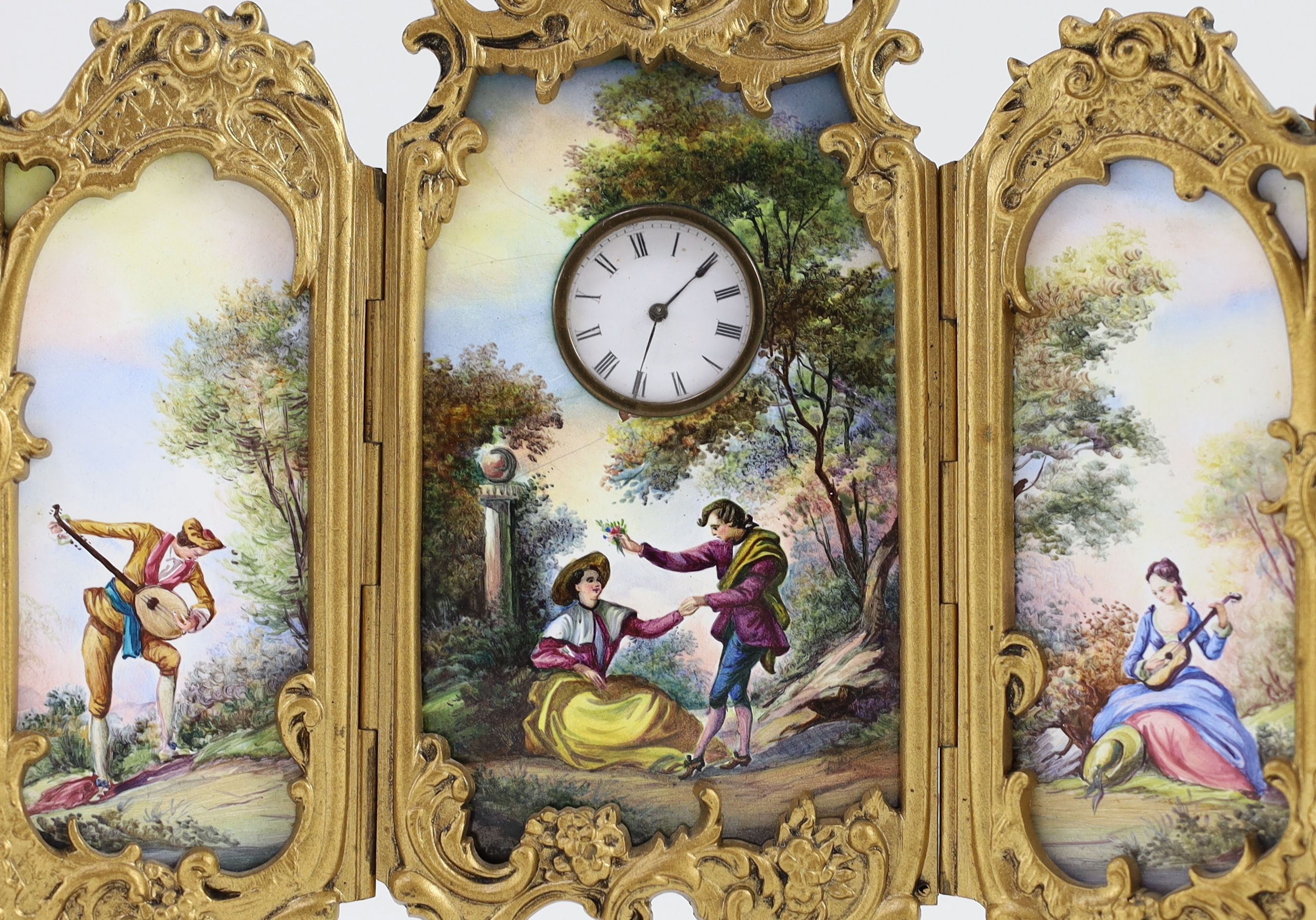 A late 19th century Viennese ormolu and enamel timepiece, width when open 20cm height 19cm